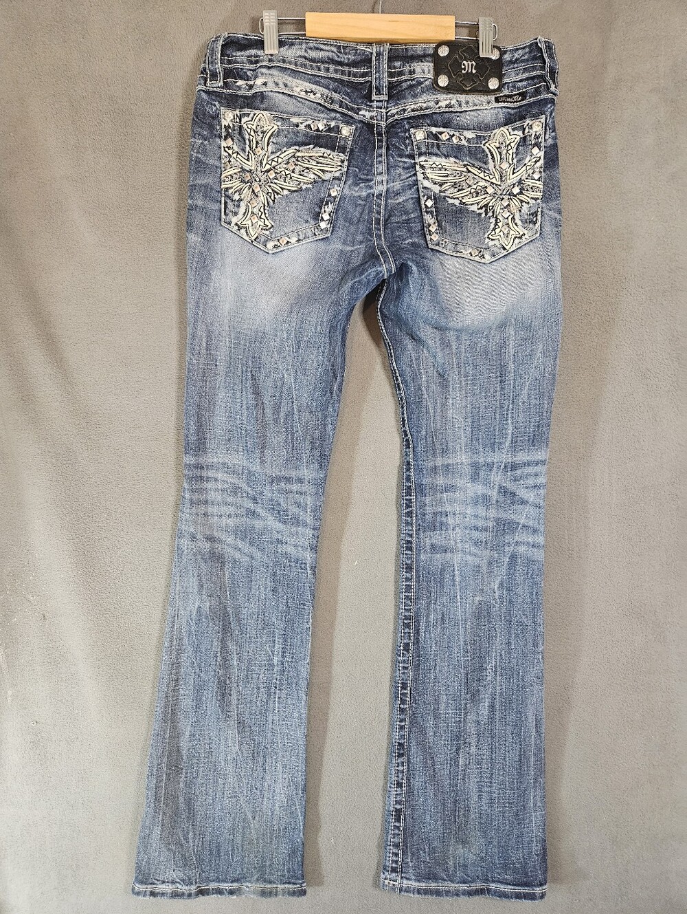 Miss Me Slim Boot Womens 32 Dark Blue Denim Jeans Embroidery Rinestones Y2K